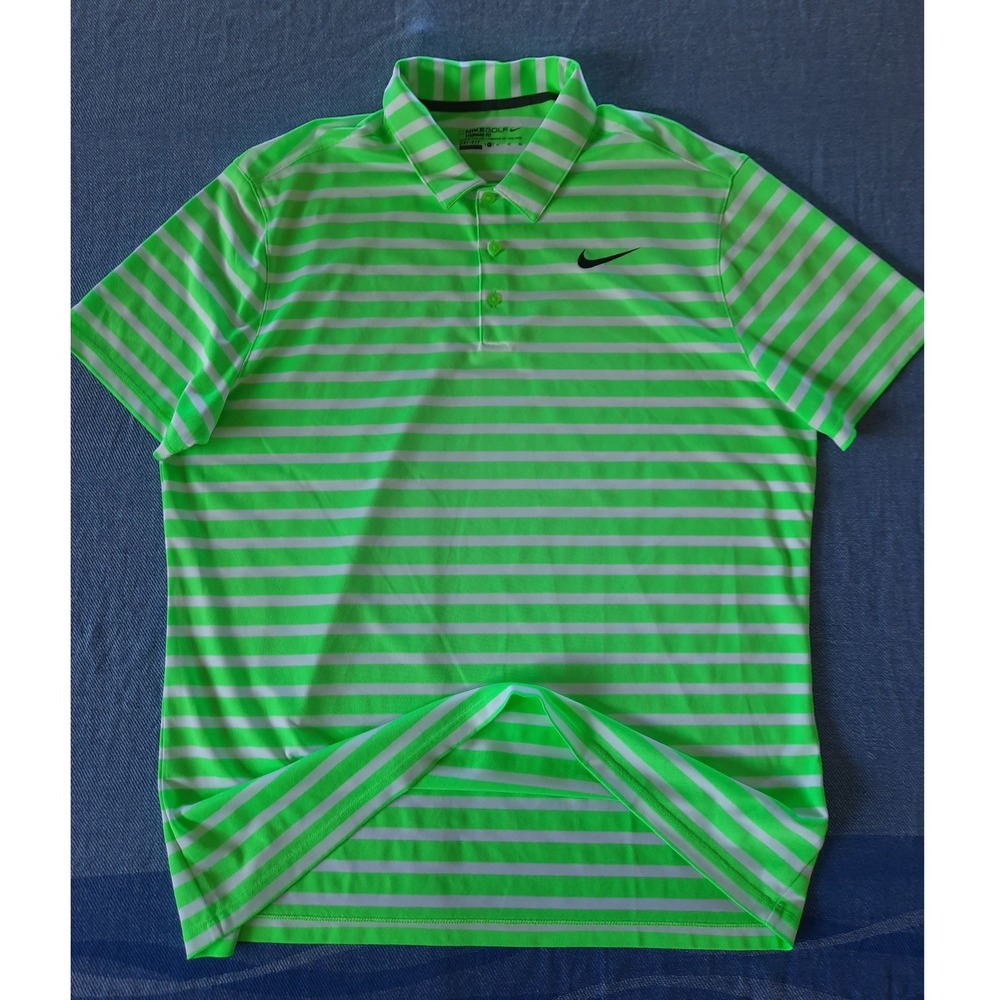 Nike Golf Mens XL Dri-FIT Striped Polo Shirt Neon Green White Short Sleeve 9279